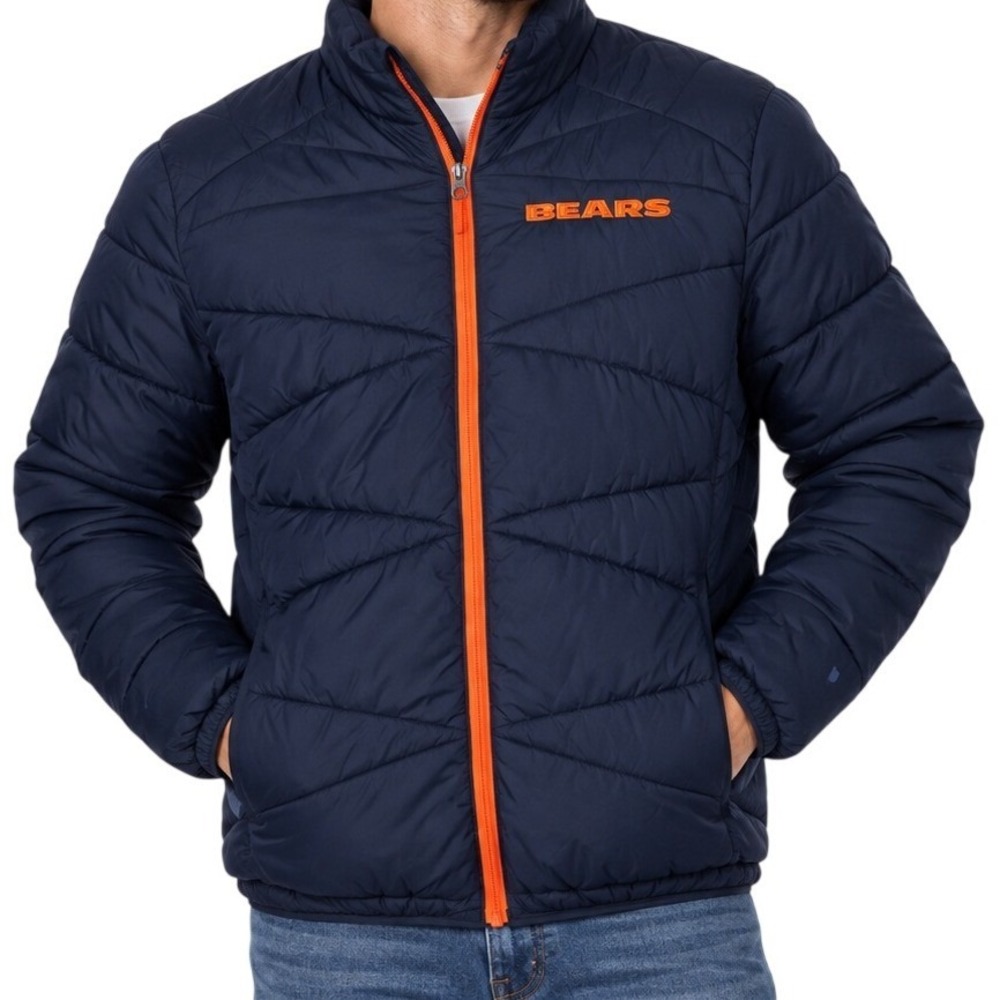 NFL Chicago Bears Navy Blue Orange Full Zip Quilted Puffer Jacket Men's Large